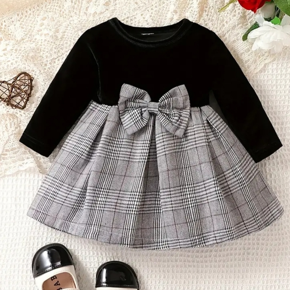 Baby Girls Lovely Round Neck Long Sleeve  Plaid Puffy Dress With Bow